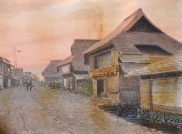 Tokusaburo Kobayashi comparable auction result: tokusaburo kobayashi 1884 1949 japanese a village street with figures at sunset watercolour signed unframed 19 x 26 75