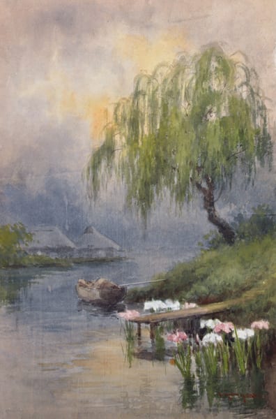 Tokusaburo Kobayashi comparable auction result: tokusaburo kobayashi 1884 1949 japanese a river landscape with a boat under a willow tree watercolour signed unframed 20 x 12 75