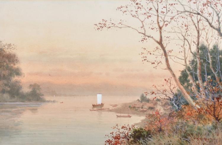 Tokusaburo Kobayashi comparable auction result: tokusaburo kobayashi 1884 1949 japanese a river landscape with figures in boats watercolour signed unframed 13 x 19 75