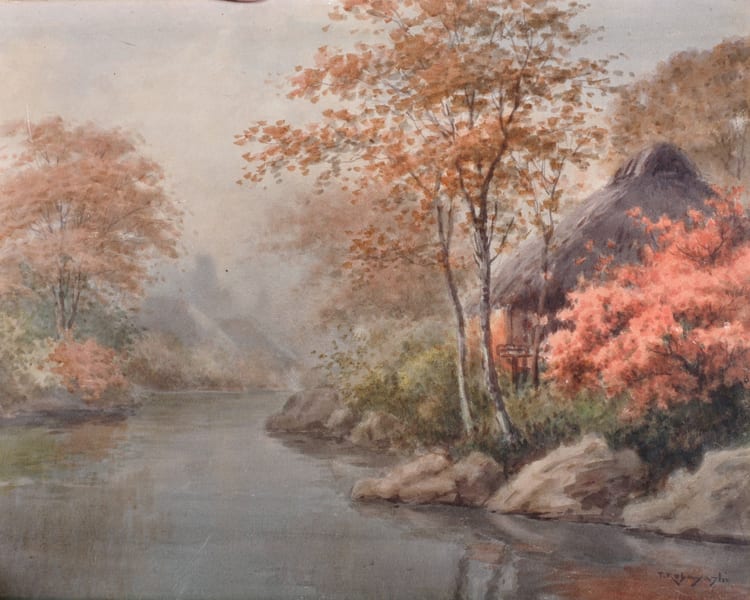 Tokusaburo Kobayashi comparable auction result: tokusaburo kobayashi 1884 1949 japanese a river scene with a thatched house on the bank watercolour signed unframed 19 25 x 24