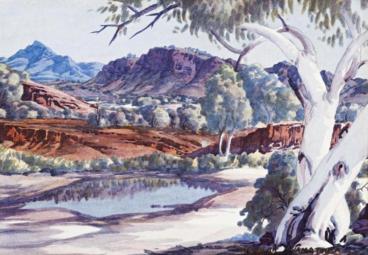 ALBERT NAMATJIRA , (1902 – 1959) , WATERHOLE AND GHOST GUM, watercolour on paper sold by Deutscher and Hackett, lot 72 — auction record photograph