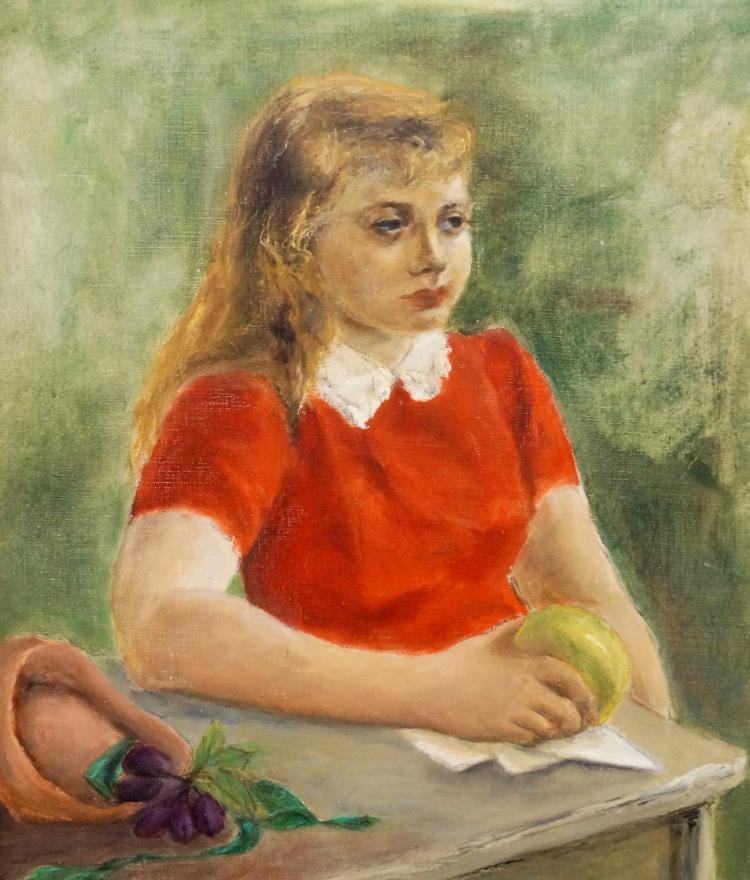 Anne Helioff comparable auction result: anne helioff american 1910 2001 oil on canvas girl in red dress with green apple 24 x 20 framed 30 3 4 x 26 3 4 provenance estate of the artist