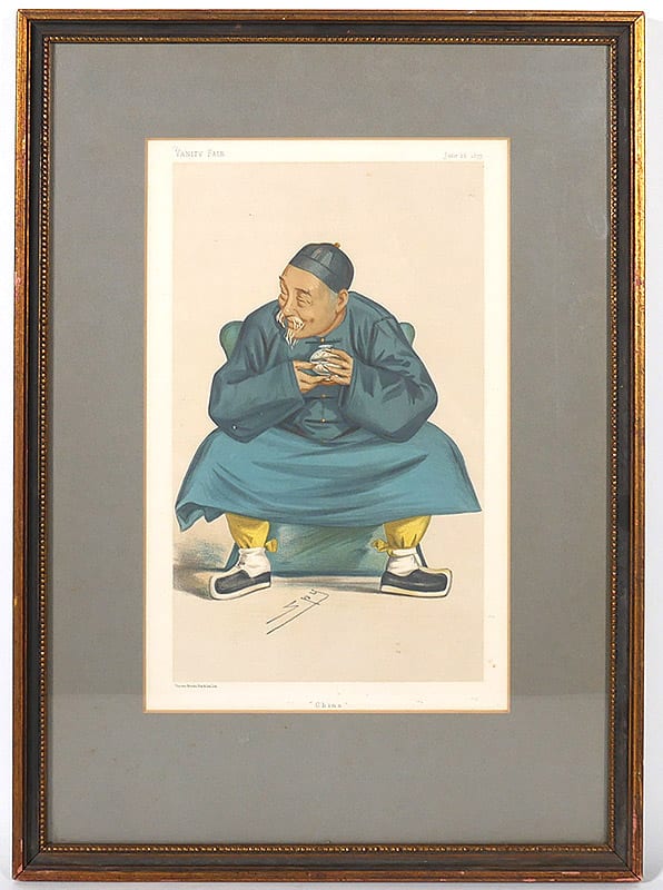 Framed colored lithograph print showing a seated man in a blue robe and hat, leaning on his hands, with yellow shoes, against a plain background.