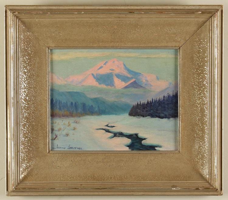 jeanne laurence alaska 1887 1980 mckinley in pink oil on board snowscape with stream cutting through foreground blue hued ar · Pacific Galleries · 2017-05-13 Jeanne Laurence comparable auction result: jeanne laurence alaska 1887 1980 mckinley in pink oil on board snowscape with stream cutting through foreground blue hued ar