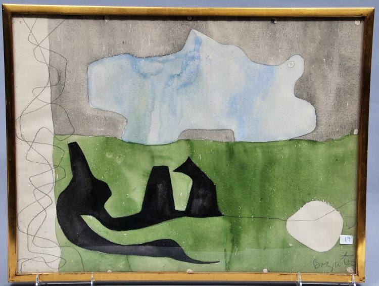 William Baziotes. Primeval landscape. 1958. Water Abstract painting. Signed Lower right. Titled on reverse. Framed. Sight size: 17-1/2" x 24". Overall size: 19" x 24-1/2". From the Collection of Donald Weitzman of Sutton Place. New York, New York. sold by Tremont Auctions, lot 17 — auction record photograph