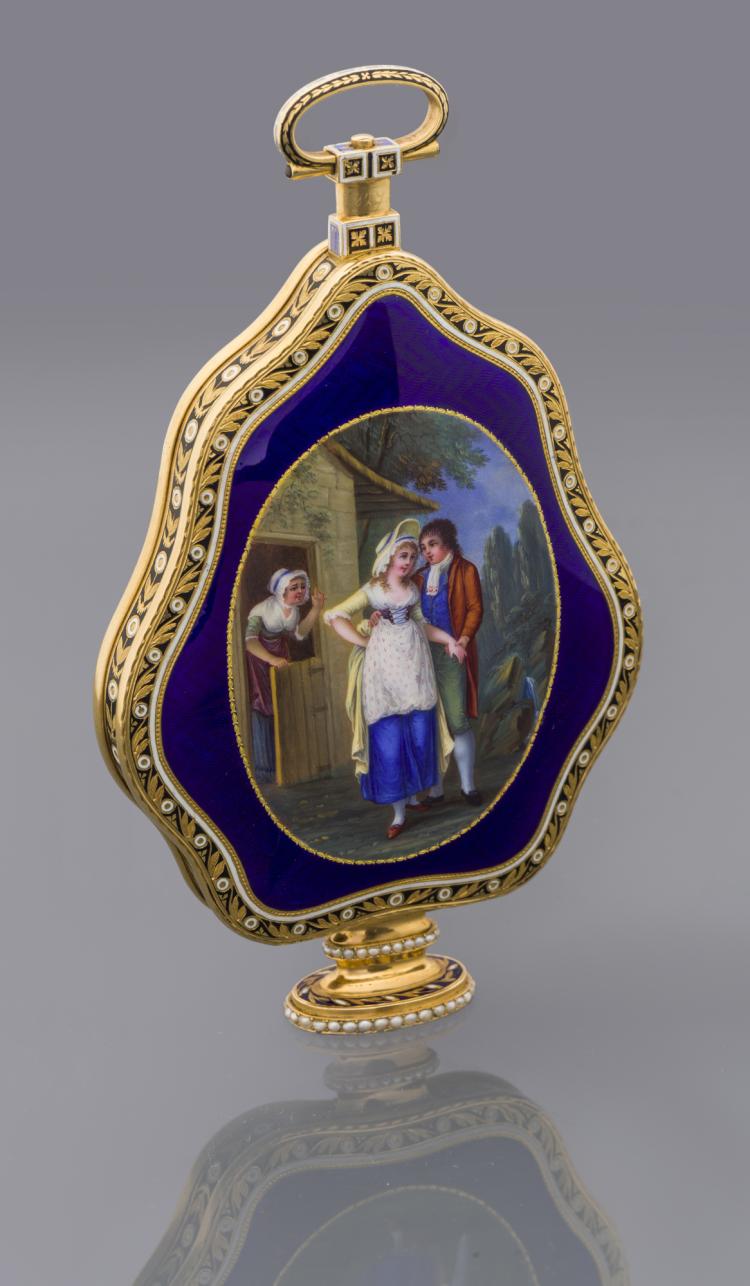 SETTING OUT OF THE FAIR Unsigned, the enamel attributed to Jean-Louis Richter, Geneva, circa 1800. Magnificent and extremely rare, 18K gold, enamel and pearl-set, centre-seconds watch, designed as a urn, made for the Chinese Market. sold by Antiquorum Genève SA, lot 229 — auction record photograph