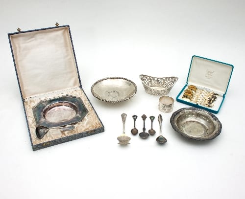 A French silver bowl and spoon, cased, an 800 standard bowl set with a Maria Theresa thaler and sundry Continental white metal sold by Chorley's, lot 25 — auction record photograph