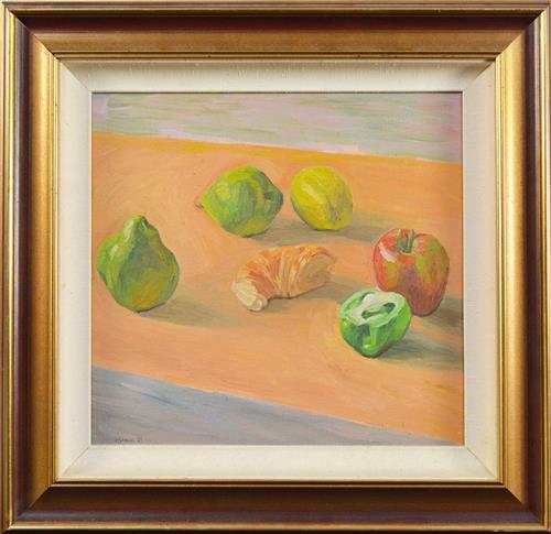 Francis Giacco comparable auction result: francis giacco 1955 still life no 7 apple capsicum pear lemon 1989 42 x 44 5cm