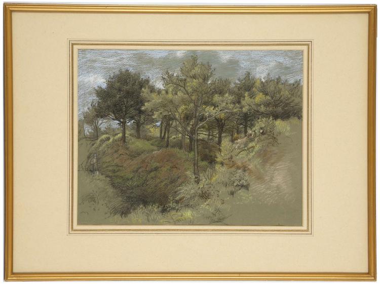 James Thomas Linnell comparable auction result: james thomas linnell 1826 1905 sketch of woodland possibly surrey crayon with chalks on grey paper 27cm x 35 5cm mounted and framed provenance ex collection harold wright