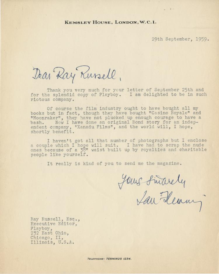 Ian Fleming (5) signed typed letters written to Playboy Executive Editor Ray Russell. sold by Profiles in History, lot 131 — auction record photograph