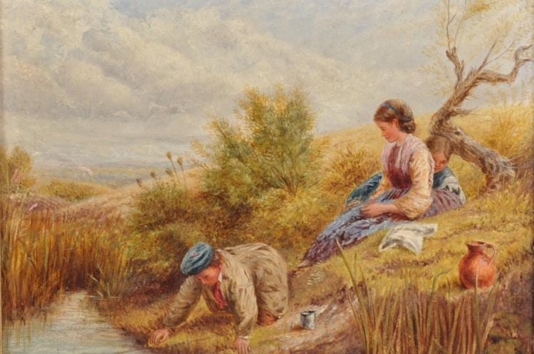 William Charles Thomas Dobson comparable auction result: william charles thomas dobson 1817 1898 british rural scene figures by a river bank oil on board signed with a monogram 6 5 x 9 25