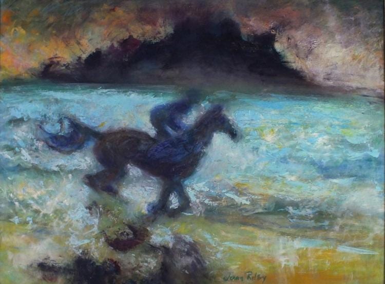 Joan Riley comparable auction result: joan riley 1920 2015 oil on board riding in mounts bay 23 5 x 31 25