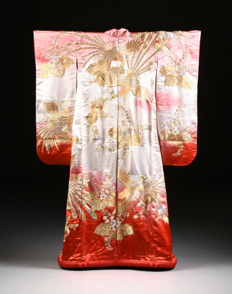 Auction comp thumbnail for A VINTAGE JAPANESE GOLD AND SILVER THREAD EMBROIDERED SILK SUSOHIKI/HIKISURI KIMONO, LAST HALF 20TH CENTURY, TYPICALLY FOR USE BY GEISHA OR TRADITIONAL DANCERS, (Simpson Galleries, LLC, Lot 302)