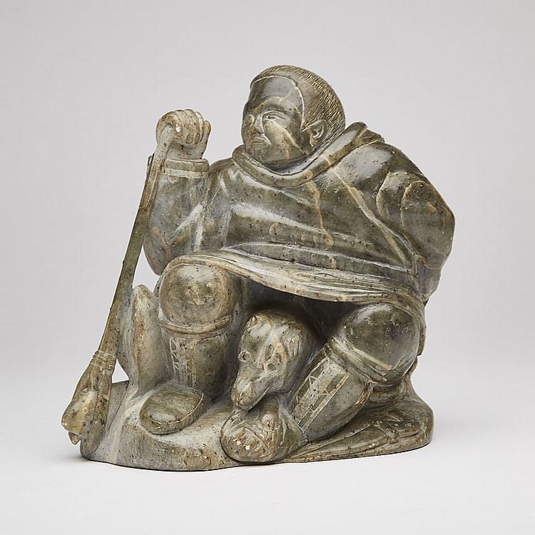 Syollie Amituk comparable auction result: syollie amituk 1936 1986 hunter with dog stone 8 5 x 9 5 x 4 21 6 x 24 1 x 10 2 cm
