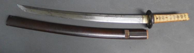 Katana-style sword with a dark brown scabbard and visible handle guard, shown laid horizontally against a gray background.
