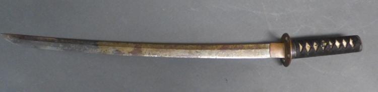 Long sword with a dark handle wrapped in cord and a metal guard, shown horizontally against a gray background.