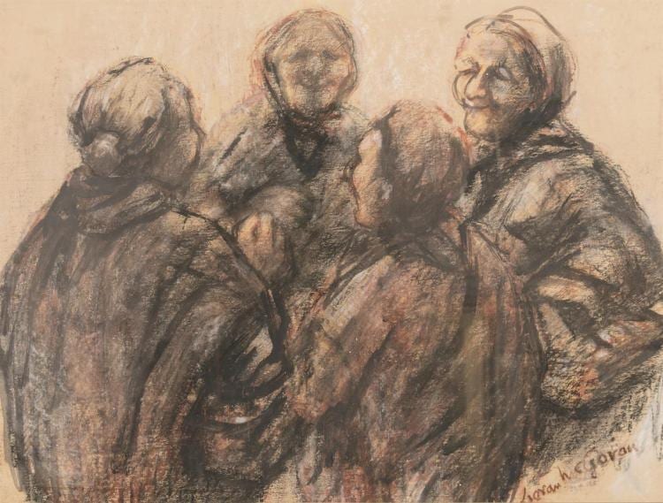 Kieran McGoran comparable auction result: kieran mcgoran 1932 1990 four elderly women chattingconte 44 x 58cmsigned