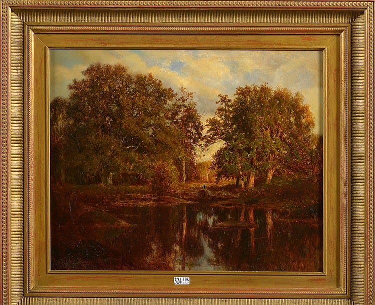 Gilbert Munger comparable auction result: huile sur panneau d acajou renforc paysage anim l tang sign en bas