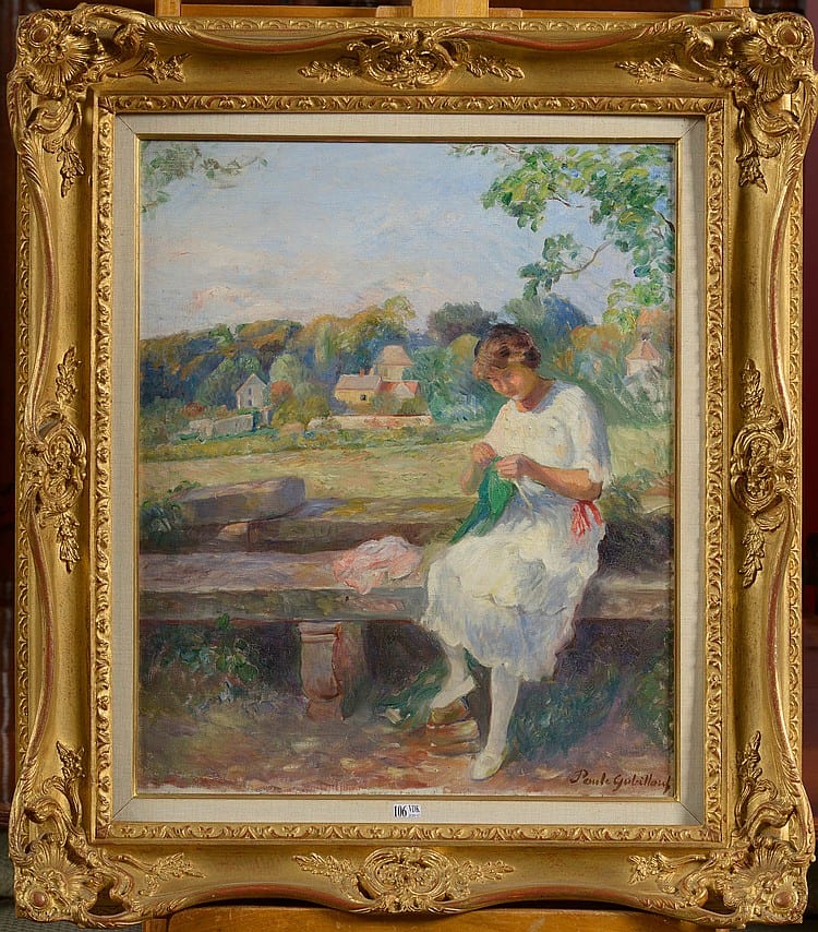 huile sur toile jeune femme tricotant au jardin sign en bas droite pa · Vanderkindere · 2017-06-13 Paule Gobillard comparable auction result: huile sur toile jeune femme tricotant au jardin sign en bas droite pa