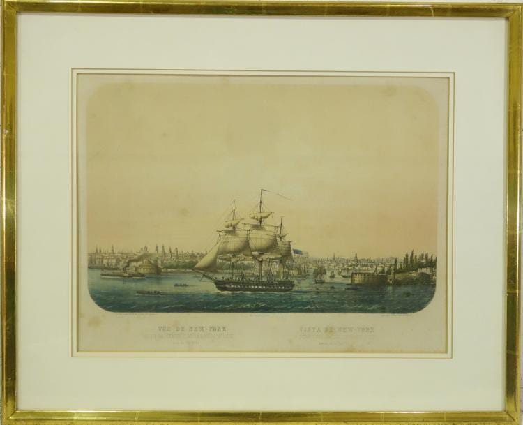 Louis LeBreton comparable auction result: louis lebreton color engraving ny harbor