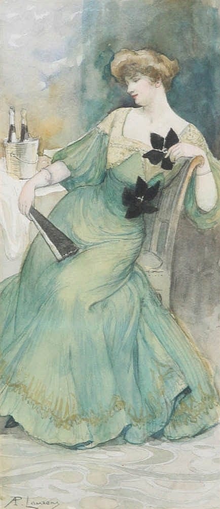 Paul Albert Laurens comparable auction result: paul albert laurens 1870 1934 lady in green dress watercolour signed framed