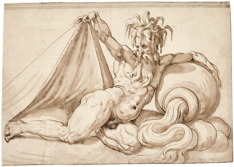 Francesco Salviati comparable auction result: francesco de rossi called francesco salviati a reclining river god facing left and lifting a cloth with his right hand