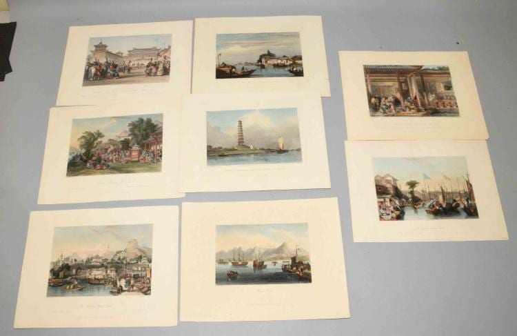 (8) CHINESE ENGRAVINGS BY VARIOUS ARTISTS. (1) The Emperor ''Teaou-Kwang'' reviewing his guards, Palace of Peking;; engraved by J.B. Allen; drawn by T. Allen. (1) The European Factories, Canton; engraved by J. Tingle; drawn by T. Allen. (1) The Tae-ping Shaou Kwan; engraved by J. Sands; drawn by T. Allen. (1) Chinese Marriage Procession; engraved by S. Bradshaw; drawn by T. Allen. (1) Hong Kong; engraved by A.B. Payne; drawn by T. Allen. (1) Arrival of Marriage Presents at the Bridal Residence; engraved by W. Floyd; drawn by T. Allen. (1) Chinese Pagoda, between Canton and Whampoa; drawn by Copley Fielding; sketched by Captain R. Elliot, R.N.; engraved by Thomas Jeavons. (1) View on a river near Canton; drawn by S. Prout; sketched by Captain R. Elliot. R.N.; engraved by W. Floyd. All published by ''The London Printing and Publishing Company Limited''. 8.5''H x 11''W. Not framed. sold by Dargate Auction Galleries, lot 214 — auction record photograph