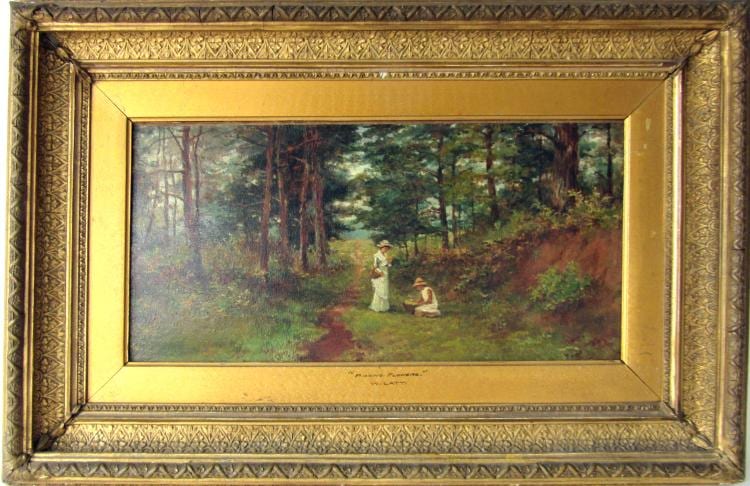 Linnie Watt comparable auction result: linnie watt oil picking flowers 9 5 by 18 5 inches signed lower right