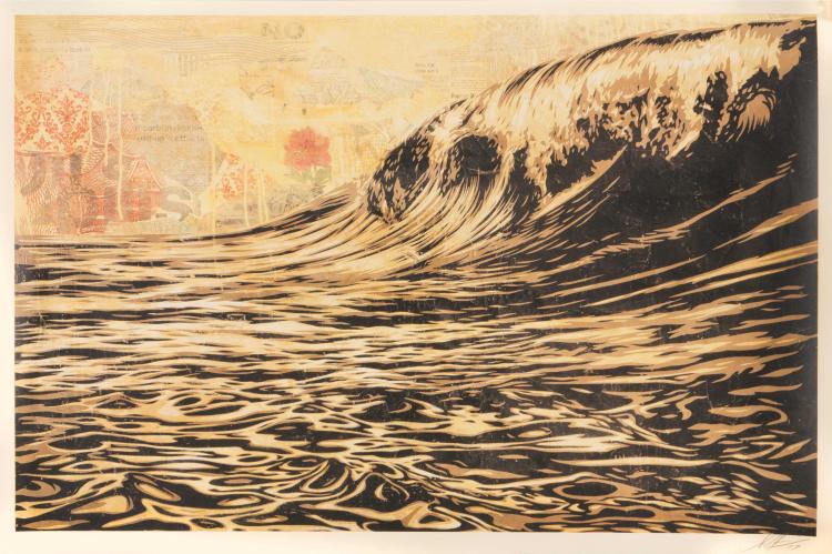 Black-and-brown illustrated ocean wave fills the frame, with a small distant harbor at the left and beige background around it.