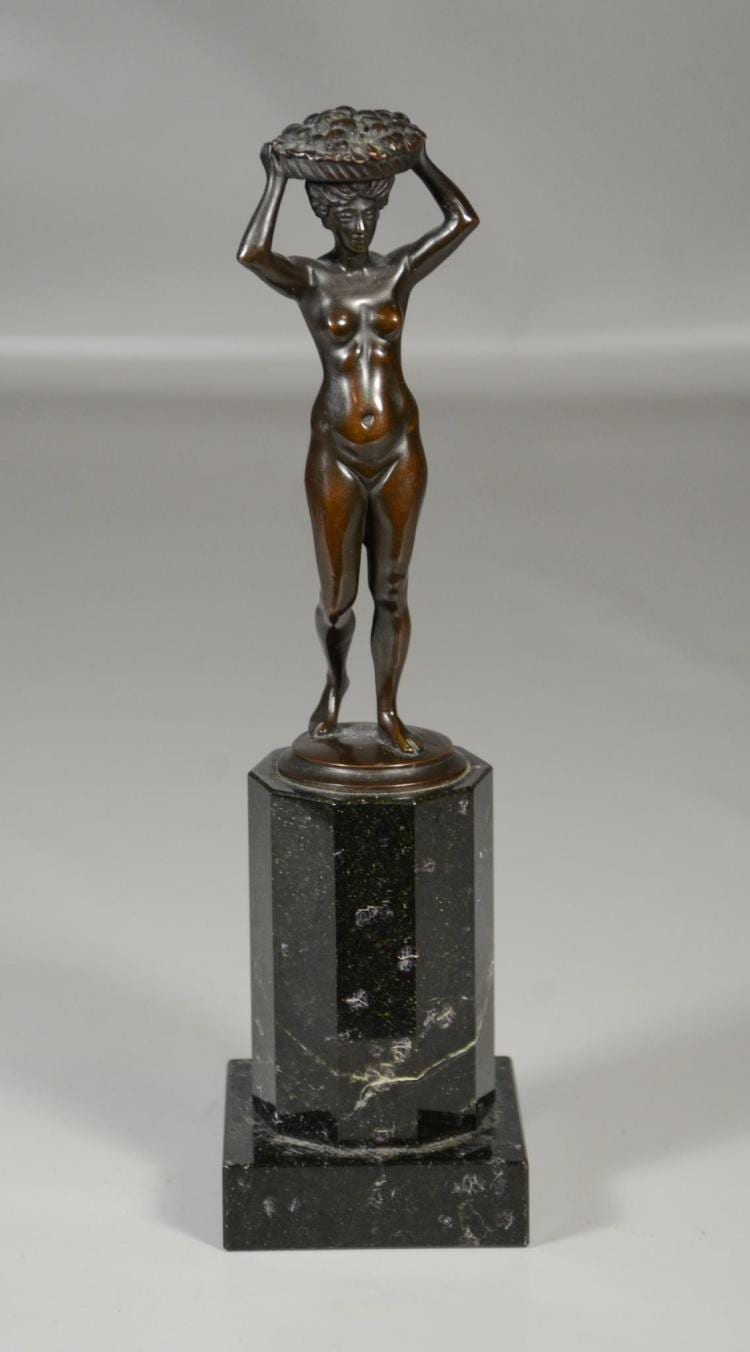 Johann Vierthaler comparable auction result: johann vierthaler german 1869 1957 bronze sculpture nude with fruit basket on a black marble pedestal base 11 3 4 h