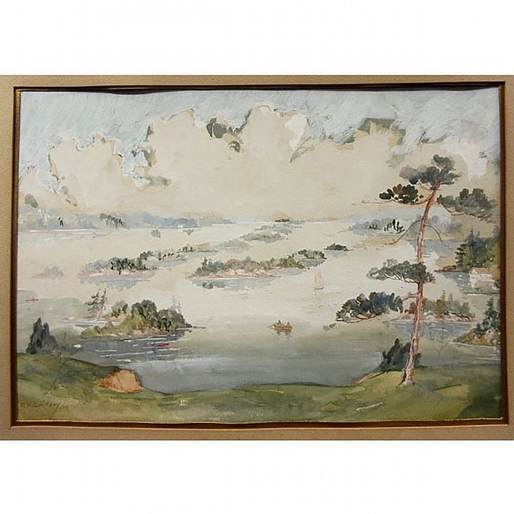 robert henry lindsay canadian 1868 1938 untitled 1000 islands gouache watercolour signed and dated 29 lower left sight 9 8 x 14 unframed · Waddington's · 2017-06-29 Robert Henry Lindsay comparable auction result: robert henry lindsay canadian 1868 1938 untitled 1000 islands gouache watercolour signed and dated 29 lower left sight 9 8 x 14 unframed