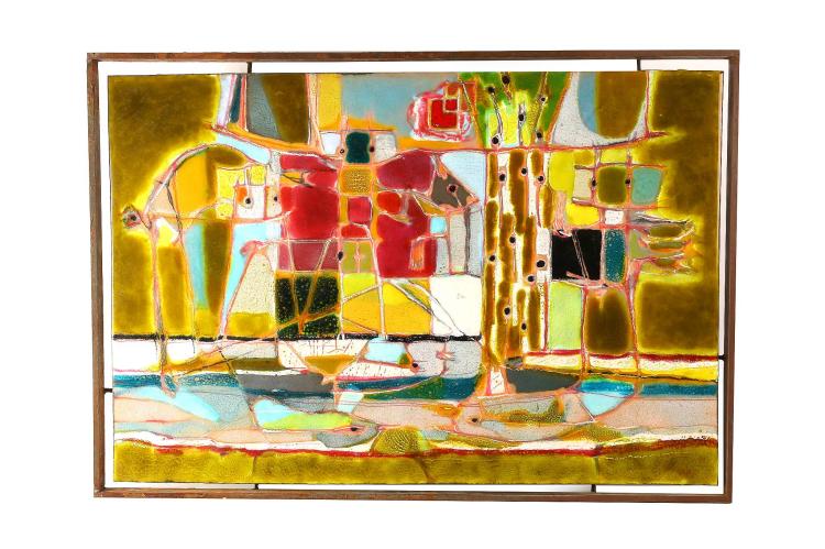 Colorful abstract artwork in a wooden frame showing a stylized scene with fish-like shapes and tall vertical forms on a yellow and green background.