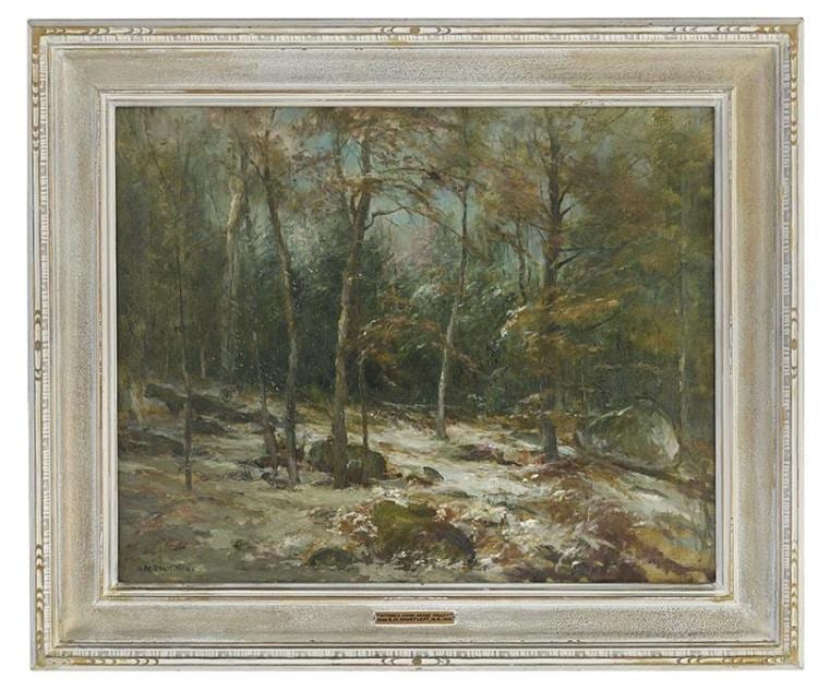 Roswell Morse Shurtleff, (American/New Hampshire, 1838-1915), "October Snow - Keene Valley", oil on canvas, 20" x 25" sold by New Orleans Auction Galleries, lot 1108 — auction record photograph