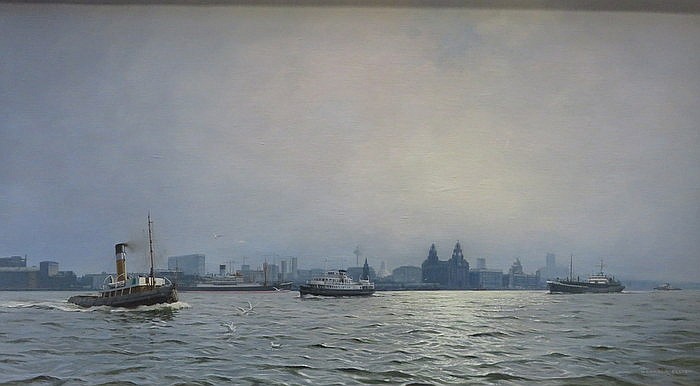 Gordon Ellis comparable auction result: gordon ellis framed oil on canvas depicting the mersey river with liverpoo