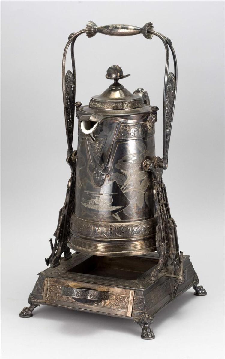 REED & BARTON FIREFIGHTER-THEMED SILVER PLATED HOT WATER POT ON STAND Ornate Victorian-era pot with finial in the form of a firefigh... sold by Eldred's, lot 505 — auction record photograph