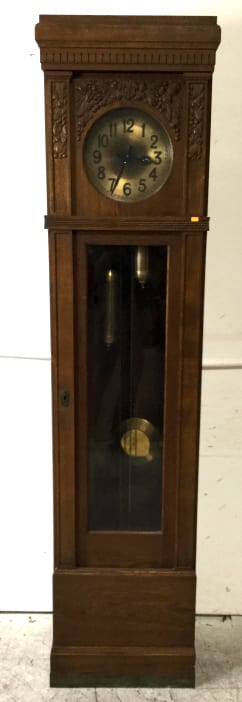 Antique Gustav Becker Oak Grandfather Clock sold by EJ'S Auction & Appraisal, lot 2001 — auction record photograph