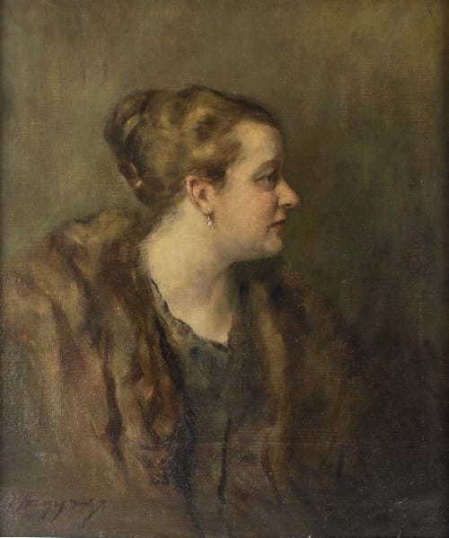 Oumbertos Argyros comparable auction result: oumbertos argyros greek 1877 1963 profile of lady in a fur coat signed oil on canvas 68cm x 50cm