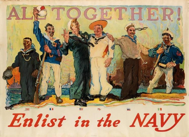 Henry Reuterdahl comparable auction result: henry reuterdahl 1871 1925 all together enlist in the navy group of 9 duplicate posters 1917 each 31x43 inches 80x109 cm