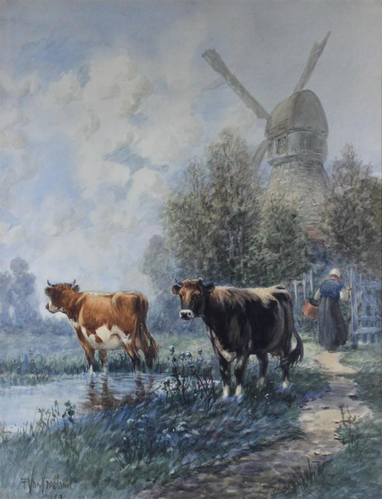 Francis William Van Vreeland comparable auction result: francis william van vreeland dutch 1879 1954 landscape with cows and windmill watercolor 23 1 2 x 18 1 4 in