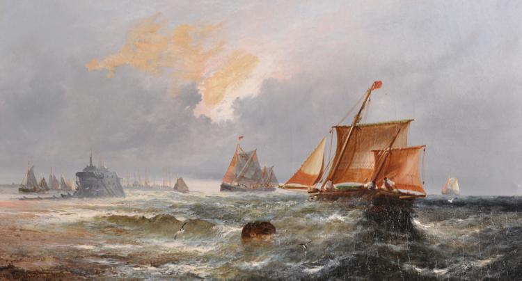 George Knight comparable auction result: george knight act 1872 1892 british a shipping scene oil on canvas signed 10 x 18