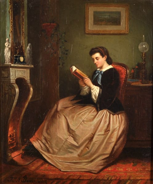 jan jacobus matthijs damschreuder 1825 1905 dutch an interior with a young lady reading a book by the fireside oil on canvas signed 16 5 x 13 5 · John Nicholson's Fine Art Auctioneers & Valuers · 2017-08-02 Jan Jacobus Matthijs Damschreuder comparable auction result: jan jacobus matthijs damschreuder 1825 1905 dutch an interior with a young lady reading a book by the fireside oil on canvas signed 16 5 x 13 5