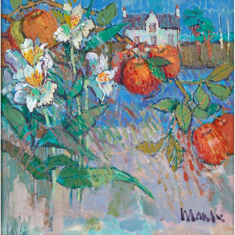 Donald Manson comparable auction result: donald manson scottish b 1948 flowers and apples by the river 40cm x 40cm 17 75in x 15 75in