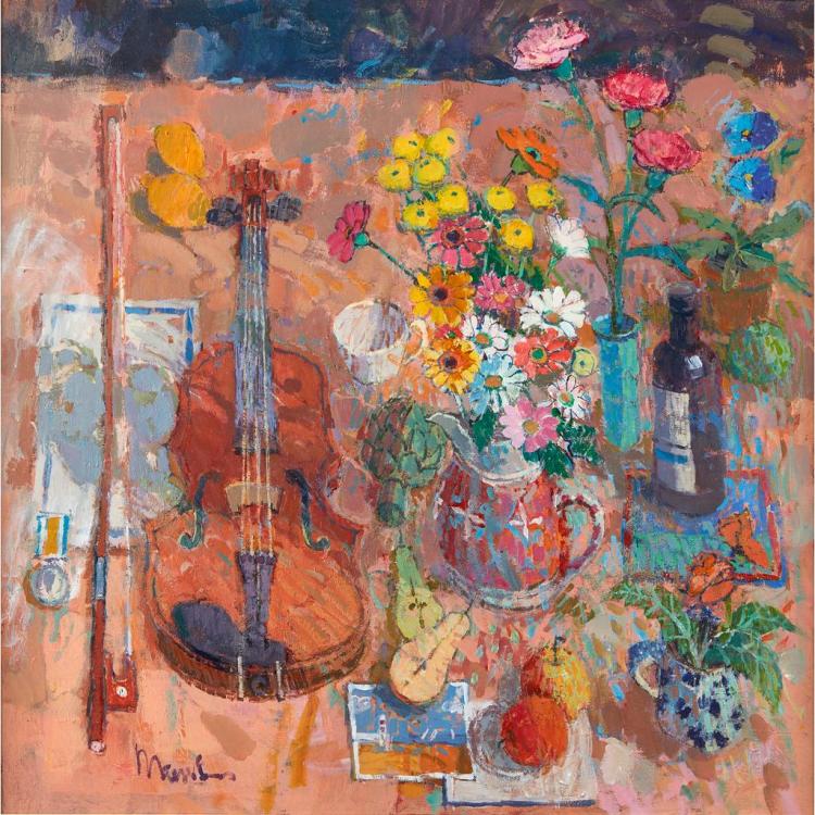 Donald Manson comparable auction result: donald manson scottish b 1948 violin flowers and fruit 76cm x 76cm 30in x 30in