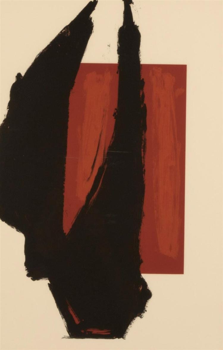 Robert Motherwell, (1915 - 1991 Greenwich, CT), Art 1981 Chicago Print , Color lithograph on Arches Cover mould-made paper under Plexig sold by John Moran Auctioneers, lot 2250 — auction record photograph