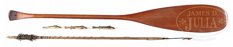 THREE OSCAR PETERSON FISH DECOYS, OLD TOWN CANOE PADDLE, AND FISHING HARPOON SPEAR. sold by James D. Julia, lot 2223 — auction record photograph