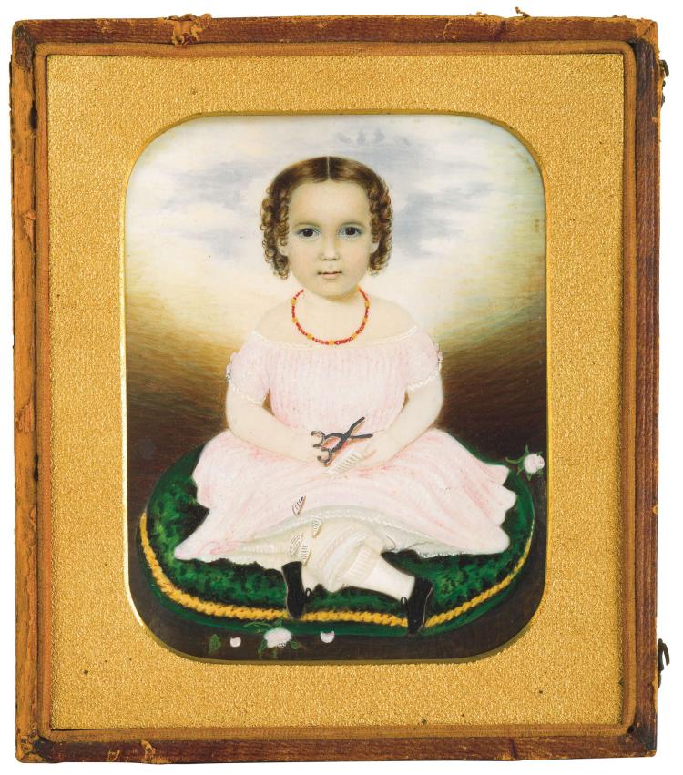 Clarissa Peters Russell comparable auction result: clarissa peters russell american 1809 1854 also known as mrs moses b russell miniature portrait of a young girl in pink snipping paper with a pair of scissors