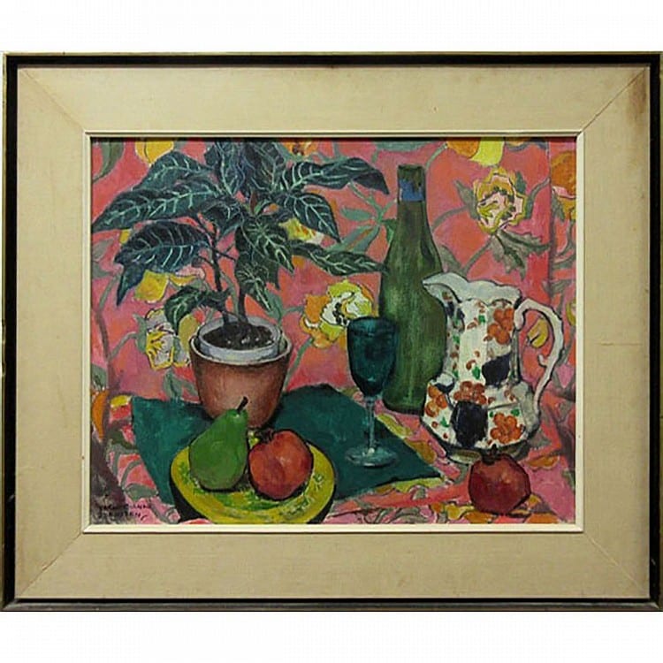 Frances-Anne Arbuckle comparable auction result: frances anne johnston canadian 1910 1987 plant with still life oil on canvas board signed lower left signed and titled verso and to gallery label 16 x 20 40 6 x 50 8 cm