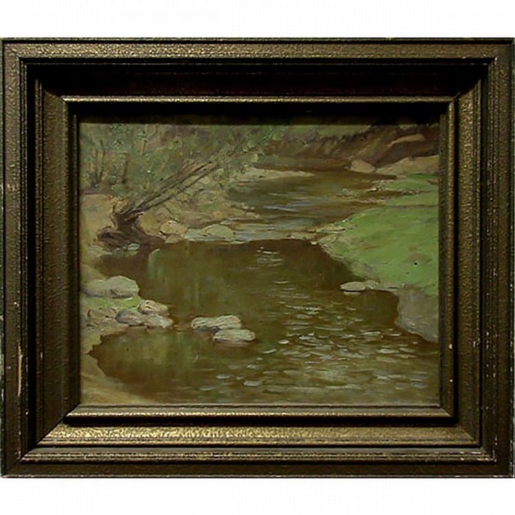 Thomas Garland Greene comparable auction result: thomas garland greene canadian 1875 1955 down stream oil on canvas laid down on board signed and titled to exhibition label verso 10 5 x 13 26 7 x 33 cm