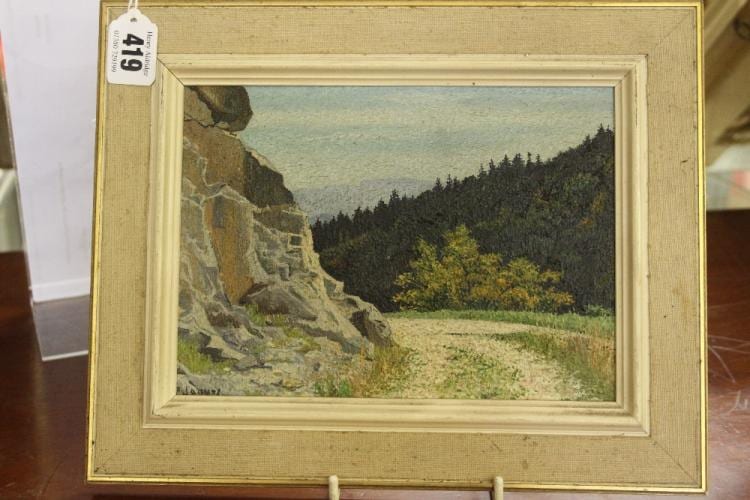 Pierre Jaques comparable auction result: pierre jaques 1913 2000l oil on canvas forest track signed lower left framed 6ins x 9ins