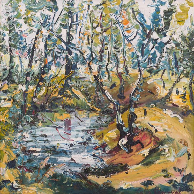 Colorful abstract landscape painting with leafy green and blue strokes, a tan ground area, and a prominent tree trunk in the foreground.